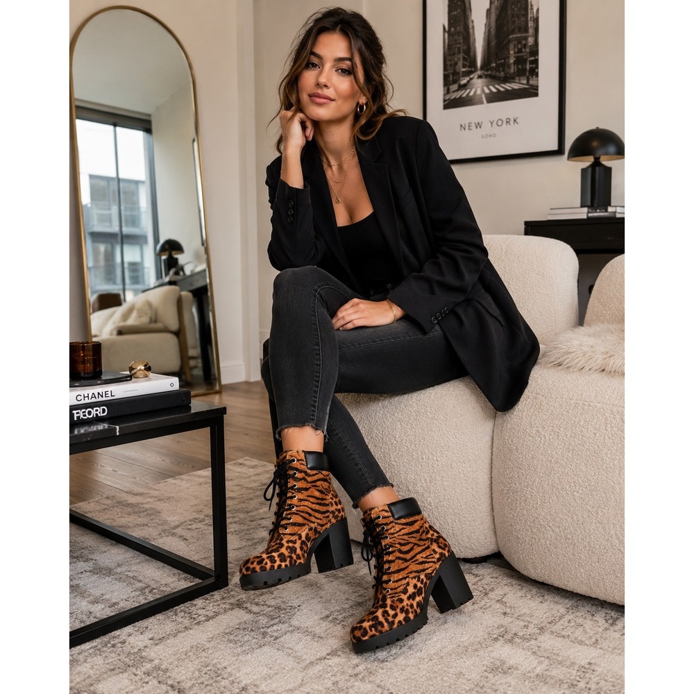 NWOT ALDO Leopard Tiger Print Lace Up Chunky Heel Ankle Boots Lug Sole SZ 8.5
